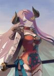  1girl asymmetrical_legwear black_bra black_gloves blue_eyes bra breasts choker cleavage closed_mouth collarbone floating_hair gloves granblue_fantasy hair_ornament hair_over_one_eye highres holding holding_sheath horns long_hair looking_at_viewer mako_1010 medium_breasts narmaya_(granblue_fantasy) outdoors pink_hair pointy_ears red_choker sheath sheathed solo standing strapless strapless_bra underwear very_long_hair 