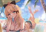  1girl atychi bad_id bad_pixiv_id barefoot beach bikini bird black_bow blonde_hair blue_bikini blue_eyes blue_sky blurry blurry_background blush bow breasts cleavage cloud day english_text feet feet_up flower food hair_bow hair_flower hair_ornament highres long_hair looking_at_viewer medium_breasts mouth_hold outdoors palm_tree pointy_ears ponytail popsicle princess_connect! saren_(princess_connect!) saren_(summer)_(princess_connect!) sky solo strap_slip string_bikini swimsuit toes tree wet white_flower 