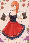  :d alcohol beer beer_mug blush breasts cleavage corset cup dirndl dress feet_out_of_frame fire_emblem fire_emblem:_three_houses german_clothes highres large_breasts leonie_pinelli long_hair mug mumemo1443 oktoberfest orange_eyes orange_hair side_ponytail smile waitress 