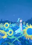  1girl animal animal_on_shoulder bird bird_on_shoulder dress field flower flower_field highres long_hair looking_at_viewer night original outdoors penguin scenery sky sunflower sunset tabi_(tabisumika) yellow_flower 