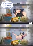  1girl blue_hair bread breasts drooling english_text falling food hair_intakes highres ho2nium hololive hololive_english in_container in_refrigerator large_breasts meme mouth_drool ouro_kronii refrigerator refrigerator_interior saliva sandwich shirt short_hair sleeveless sleeveless_shirt smile solo subway_(company) tank_top underboob virtual_youtuber zipper 