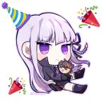  1girl bangs black_gloves black_jacket black_ribbon black_skirt blush braid character_doll chibi confetti danganronpa:_trigger_happy_havoc danganronpa_(series) doll dudeoji_(dotheg_ansoni) frown full_body gloves hair_ribbon hat highres holding holding_doll jacket kirigiri_kyouko long_hair long_sleeves naegi_makoto open_clothes open_jacket party_hat pleated_skirt purple_eyes ribbon shoes side_braid skirt solo 