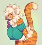  &lt;3 anthro big_breasts bottomless braided_hair breasts buxbi buxbi_(character) clothed clothing eyebrow_through_hair eyebrows felid female fingers fur hair hands_on_thighs hi_res highlights_(coloring) huge_breasts leaning leaning_forward long_hair mammal multicolored_body multicolored_fur off_shoulder orange_body orange_fur pantherine purple_highlights shirt signature slightly_chubby solo striped_body striped_fur stripes thick_thighs tiger topwear translucent translucent_hair white_body white_fur white_hair yellow_eyes 