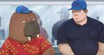  2boys baseball_cap bathroom blue_headwear fat furry furry_male hat humanization looking_at_another male_focus mirror multiple_boys odd_taxi odokawa_hiroshi red_shirt reflection shirt sink sweat tusks urinal walrus zoku_bu 