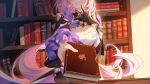  1girl :d absurdres ai_xiao_meng book bookshelf breasts cleavage cleavage_cutout clothing_cutout elf elysia_(honkai_impact) elysia_(miss_pink_elf) grin highres holding holding_book honkai_(series) honkai_impact_3rd library long_hair long_sleeves pink_hair pointy_ears ponytail shirt shrug_(clothing) smile solo table teeth white_shirt 