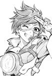  1girl gloves goggles grin jacket lineart looking_at_viewer monochrome one_eye_closed overwatch overwatch_1 salute short_hair smile solo ten_(tenchan_man) two-finger_salute very_short_hair 
