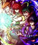  4boys attack bangs black_eyes black_hair brown_eyes closed_mouth flower green_eyes green_wristband hiei_(yu_yu_hakusho) highres holding holding_flower kurama_(yu_yu_hakusho) kuwabara_kazuma kwon_0019 long_hair multiple_boys open_mouth orange_hair pompadour red_hair rei_gun rose short_hair smile teeth third_eye urameshi_yusuke wristband yu_yu_hakusho 