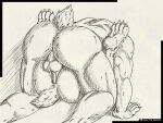  2022 absurd_res anal anthro ball_tuft balls big_dom_small_sub butt claws dominant duo from_front_position garo_(artist) genitals hi_res hindpaw kinktober kubrow lying male male/male missionary_position monochrome muscular on_back paws penetration penis perineum raised_tail sex size_difference spread_legs spreading tuft video_games warframe 