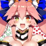  1girl animal_ear_fluff animal_ears awayuki_uyuko bare_shoulders blue_bow blue_ribbon bow breasts cleavage collarbone detached_sleeves fate/grand_order fate_(series) fox_ears fox_girl hair_ribbon heart japanese_clothes large_breasts like_and_retweet meme open_mouth pink_hair retweet_(meme) ribbon solo split_ponytail tamamo_(fate) tamamo_no_mae_(fate/extra) upper_body yellow_eyes 