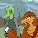  2014 anthro clothed clothing digital_drawing_(artwork) digital_media_(artwork) duo grass green_body green_eyes green_skin kobold lagotrope male melee_weapon mountain_kobold orange_body orange_eyes orange_scales outside plant pupils scales shirt slit_pupils standing story story_at_source story_in_description sword tgchan topless topwear tree weapon 
