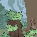  2014 anthro brown_body brown_skin clothed clothing digital_drawing_(artwork) digital_media_(artwork) dirty embrace female fen_(lagotrope) grass green_body green_skin group horn hug kobold lagotrope lizard male plant pupils reptile scalie shirt slit_pupils standing story story_at_source story_in_description tgchan topwear tree trio white_eyes 