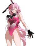  1girl alternate_costume animal_ears bangs bare_shoulders black_gloves blue_eyes breasts closed_mouth elf elysia_(honkai_impact) fake_animal_ears feet_out_of_frame gloves hair_between_eyes heikokuru1224 highleg highleg_leotard highres honkai_(series) honkai_impact_3rd leotard long_hair one_eye_closed pink_hair pink_leotard pink_pupils playboy_bunny pointy_ears simple_background smile solo strapless strapless_leotard very_long_hair white_background wrist_cuffs 