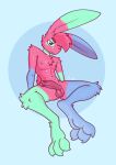  3_toes absurd_res anthro balls blue_background blue_body blue_fur cheek_tuft chest_tuft erection facial_tuft feet fur genitals green_body green_fur half-closed_eyes hi_res humanoid_genitalia humanoid_penis knee_tuft lagomorph leg_tuft leporid male mammal narrowed_eyes penis pink_body pink_fur rabbit simple_background solo the_xing1 toes tuft xing_(the_xing1) 