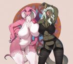  anthro big_breasts big_butt breasts butt claws clothing cobra diana_digma dragon duo facial_horn female female/female genitals green_body green_scales hair hi_res horn nipples pussy reptile sakura_(snake) scales scalie simple_background smile snake tongue tongue_out underwear xsissa 