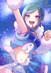  1girl absurdres arm_up arm_warmers armpits bangs blue_choker blush choker clenched_hand earrings green_eyes green_hair hair_ornament highres jewelry lisia_(pokemon) long_hair looking_at_viewer midriff navel open_mouth pokemon pokemon_(game) pokemon_oras short_shorts shorts shorts_under_skirt solo ssn_(sasa8u9r) teeth upper_teeth white_shorts 