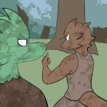  2014 anthro brown_body brown_skin clothed clothing digital_drawing_(artwork) digital_media_(artwork) dirty duo female fen_(lagotrope) grass green_body green_skin horn kobold lagotrope lizard male outside plant pupils reptile scalie slit_pupils story story_at_source story_in_description tgchan topwear tree white_eyes 