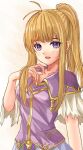  1girl :d antenna_hair bangs blonde_hair blue_skirt breasts capelet clarine_(fire_emblem) collarbone commentary_request eyelashes fire_emblem fire_emblem:_the_binding_blade fuussu_(21-kazin) hair_flowing_over hand_up layered_capelet long_hair looking_at_viewer open_mouth pleated_skirt ponytail purple_capelet purple_eyes purple_shirt shirt short_sleeves skirt small_breasts smile solo standing teeth upper_body upper_teeth white_background white_capelet 