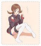  1girl bad_id bad_twitter_id blush brown_eyes brown_hair clenched_hands cosplay jacket long_sleeves lyra_(pokemon) open_mouth pokemon pokemon_(game) pokemon_hgss silver_(pokemon) silver_(pokemon)_(cosplay) sitting smile solo thighhighs twintails yairo_(sik_s4) 