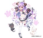  1girl angelic_link animal animal_ear_fluff animal_ears animal_hands apron bangs bare_shoulders bell black_cat black_footwear black_gloves black_skirt blush bow breasts cat cat_ears cat_girl cat_tail character_request cleavage commentary_request frilled_apron frilled_skirt frills full_body gloves hair_between_eyes heart high_heels horns jingle_bell long_hair maid_headdress mauve neck_bell official_art paw_gloves purple_hair red_bow red_eyes shoes simple_background skirt small_breasts solo standing standing_on_one_leg tail thighhighs very_long_hair waist_apron watermark white_apron white_background white_cat white_thighhighs 