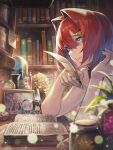  1girl a-er_(akkij0358) ange_katrina blue_eyes blurry blurry_foreground book bookshelf character_doll colored_inner_hair from_behind hair_between_eyes hair_intakes highres inui_toko multicolored_hair nijisanji open_book photo_(object) quill red_hair sebastian_piyodore short_hair solo triangle_hair_ornament virtual_youtuber 