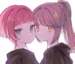  2girls agdistis_(ff14) bangs black_robe blunt_bangs blush brown_hair cheek-to-cheek eyelashes final_fantasy final_fantasy_xiv green_eyes heads_together hegemone_(ff14) long_hair looking_at_viewer multicolored_hair multiple_girls ponytail portrait red_hair robe sawara_(starligtvision) short_hair streaked_hair white_background yellow_eyes yuri 