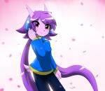  2018 5_fingers anthro blue_bottomwear blue_clothing blue_pants blue_shirt blue_topwear blush bottomwear casual_clothing clothing dated digital_media_(artwork) dragon female fingers flower_petals freedom_planet hi_res kenjikanzaki05 looking_at_viewer pants petals sash_lilac scalie shirt signature sleeves smile solo topwear video_games wingless_dragon 