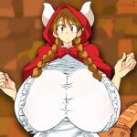  akasukimi ambiguous_gender animated areola assisted_exposure basket big_breasts blush braided_pigtails bread breasts brown_eyes brown_hair clothing container dress duo exclamation_point fairy_tales female food hair hataraki_ari hood horn horned_humanoid huge_breasts humanoid little_red_riding_hood_(copyright) looking_at_viewer nipples open_mouth short_playtime tan_areola tan_nipples tearing_clothing torn_clothing white_body white_skin 