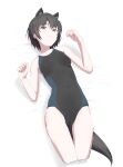 1girl absurdres amagami animal_ears bangs bkhayatej black_eyes black_hair black_one-piece_swimsuit bob_cut breasts cameltoe competition_swimsuit cropped_legs fox_ears fox_tail highres looking_at_viewer lying nanasaki_ai one-piece_swimsuit short_hair simple_background small_breasts solo swimsuit tail two-tone_swimsuit white_background 