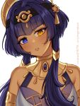  1girl artist_name bangs bare_shoulders blue_eyes blue_hair breasts candace_(genshin_impact) commentary dark-skinned_female dark_skin egyptian_clothes genshin_impact hairband head_tilt heterochromia highres light_blush long_hair looking_at_viewer medium_breasts parted_lips portrait simple_background solo vickie_(cryingrobot) white_background yellow_eyes 