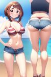  1girl ai-generated bad_multiple_views bikini blush boku_no_hero_academia breasts brown_eyes brown_hair cleavage cloud commentary_request day denim denim_shorts eyelashes itou_(gegewvbeb) kneepits looking_at_viewer multiple_views navel outdoors red_bikini sand sandals shore short_shorts shorts sky smile striped striped_bikini swimsuit uraraka_ochako water 