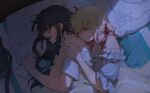  2girls absurdres bed bed_sheet black_hair blonde_hair blood faceless faceless_female hair_ribbon highres injury inoue_takina long_hair lycoris_recoil lying moyu_marginal multiple_girls nishikigi_chisato on_bed on_side open_mouth pajamas pillow red_eyes red_ribbon ribbon shirt short_hair short_sleeves sidelocks white_pajamas white_shirt yuri 