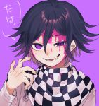  1boy bangs black_hair blood blood_on_face checkered_clothes checkered_scarf danganronpa_(series) danganronpa_v3:_killing_harmony highres long_sleeves looking_at_viewer male_focus multicolored_hair open_mouth ouma_kokichi pink_blood purple_background purple_eyes purple_hair scarf simple_background solo straitjacket sweat upper_body zaso 