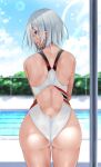  1girl absurdres ass azur_lane competition_swimsuit cowboy_shot flag_print highres looking_to_the_side one-piece_swimsuit open_mouth oriue_wato pool poolside purple_eyes short_hair solo swimsuit tirpitz_(azur_lane) wet 