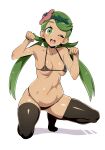 1girl ;d bikini black_bikini black_thighhighs breasts clenched_hands dark-skinned_female dark_skin flower full_body green_eyes green_hair hair_flower hair_ornament long_hair looking_at_viewer mallow_(pokemon) medium_breasts micro_bikini one_eye_closed open_mouth paw_pose pokemon pokemon_(game) pokemon_sm simple_background smile swimsuit thighhighs tottotonero twintails white_background 