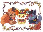  black_headwear bright_pupils brown_eyes capelet closed_mouth commentary_request fennekin framed green_eyes hat hatted_pokemon highres looking_at_viewer no_humans pokemon pokemon_(creature) saki_pokeoekaki sitting smile vulpix white_background white_pupils zorua 