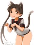  1girl animal_ears ayanami_(kancolle) black_sailor_collar brown_hair cat_ears cat_tail dated kantai_collection long_hair no_pants one-hour_drawing_challenge panties ray.s sailor_collar school_uniform serafuku side_ponytail simple_background solo tail twitter_username underwear white_background white_panties 
