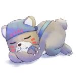  anthro backwards_baseball_cap backwards_hat bandai_namco baseball_cap bearmon belt brown_body brown_fur claws clothing digimon digimon_(species) fur hat headgear headwear leather male simple_background sleeping solo wamiya3 white_background 