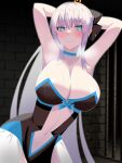  1girl armpits arms_behind_head arms_up artist_request bdsm black_bow blue_eyes blush bondage bound bow braid breasts center_opening cleavage clothing_cutout cowboy_shot fate/grand_order fate_(series) french_braid grey_hair highres large_breasts long_hair looking_at_viewer morgan_le_fay_(fate) navel solo standing stomach_cutout two-tone_dress 