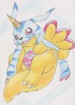  absurd_res animal_skin anthro bandai_namco belly belly_markings blush claws digimon digimon_(species) fur gabumon hi_res horn looking_at_viewer male markings red_eyes slightly_chubby striped_body striped_fur stripes tabasukotrr traditional_media_(artwork) 