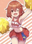  1girl ;d alternate_costume armpits bare_shoulders brown_eyes brown_hair cheerleader fang hair_between_eyes hair_ornament hairclip highres holding holding_pom_poms ikazuchi_(kancolle) kantai_collection leg_up looking_at_viewer midriff navel one_eye_closed pom_pom_(cheerleading) red_skirt short_hair skirt smile solo unagiman 