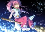  1girl arche_klein belt bracelet broom earrings elbow_gloves full_body gloves jewelry long_hair open_mouth pants pink_eyes pink_hair pink_pants pointy_ears ponytail sitting solo tales_of_(series) tales_of_phantasia toranosuke_96 wide_ponytail 