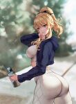  1girl ass bangs blonde_hair blue_eyes blue_jacket blush bottle bow breasts chihunhentai genshin_impact hair_bow hood hooded_jacket jacket jean_(genshin_impact) large_breasts long_hair long_sleeves looking_at_viewer open_clothes open_jacket pants ponytail sidelocks solo sports_bra tight tight_pants water_bottle white_pants white_sports_bra yoga_pants 