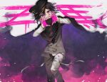  1boy bangs black_cape black_hair black_headwear blood blood_on_clothes blood_on_hands cape checkered_clothes checkered_scarf danganronpa_(series) danganronpa_v3:_killing_harmony grin hair_between_eyes hat heart heart_hands highres long_sleeves looking_at_viewer male_focus multicolored_hair ouma_kokichi pink_blood purple_cape purple_eyes purple_hair scarf smile solo straitjacket zaso 
