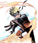  1boy blonde_hair blue_eyes cofffee facial_mark feet_out_of_frame fighting_stance foreshortening headband holding holding_knife jumpsuit knife kunai looking_at_viewer male_focus naruto_(series) orange_jumpsuit short_hair solo spiked_hair thigh_strap uzumaki_naruto weapon whisker_markings white_background 