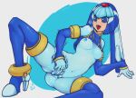  1girl android ass blue_eyes blue_footwear blue_hair blue_sleeves blush boots breasts clothes_lift detached_sleeves female_masturbation heart heart-shaped_pupils highres leviathan_(mega_man) lying masturbation mega_man_(series) mega_man_zero navel nipples on_back open_mouth pussy pussy_juice rcake red_pupils shirt_lift speed_lines spread_legs symbol-shaped_pupils thigh_boots tongue tongue_out 