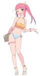  +_+ 1girl ;d bangs bare_shoulders blunt_bangs breasts fang flip-flops full_body green_eyes highres long_hair looking_at_viewer medium_breasts midriff navel one_eye_closed open_mouth original pink_hair saiste sandals simple_background sketch skin_fang smile solo thigh_gap white_background 
