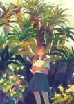  1girl animal_on_shoulder bird bird_on_shoulder brown_hair highres original penguin plant scenery school_uniform serafuku sunlight tabi_(tabisumika) tree 