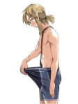  belt blonde_hair blue_male_swimwear blush brown_belt earrings jewelry link looking_down male_swimwear monbetsu_kuniharu ponytail sweatdrop the_legend_of_zelda topless_male 