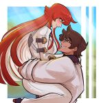  absurdres ass brown_hair couple glasses gloves guilty_gear guilty_gear_strive highres hug huge_ass husband_and_wife jack-o&#039;_valentine labcoat multicolored_hair red_hair scruffyturtles sol_badguy white_hair 