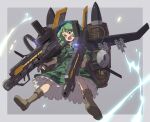  1girl ammunition aqua_headwear boots border brown_footwear camouflage camouflage_jacket camouflage_skirt flat_cap full_body green_eyes green_hair green_jacket green_skirt grey_background grey_border gun hat holding holding_weapon jacket key long_sleeves missile open_mouth shope short_hair simple_background skirt solo touhou weapon wings yamashiro_takane 